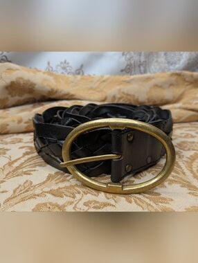 Vtg Amiee Lynn Wide Leather Braided Oval Brass Buckle Black Belt Size XL/47.5” L